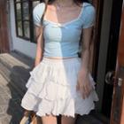 Short-sleeve Bow T-shirt / Ruffle A-line Skirt