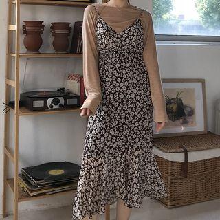 Crew-neck Long-sleeve T-shirt / Flower Print Midi Spaghetti Strap Dress