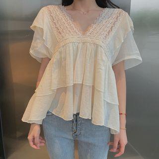 Lace Panel Ruffle Short-sleeve Blouse Almond - One Size