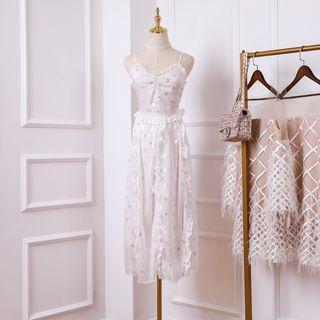 Spaghetti Strap Polka Dot Frill Trim A-line Midi Dress