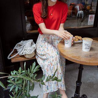 Puff-sleeve Color Knit Top