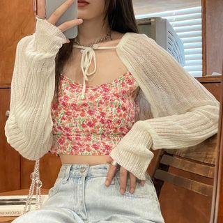 Cardigan Shrug / Floral Print Crop Camisole Top