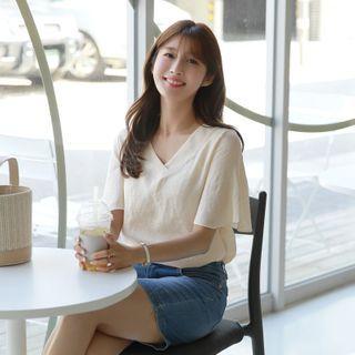 V-neck Bell-sleeve Textured Top