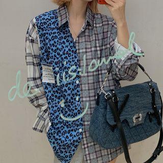 Plaid Leopard Print Panel Shirt