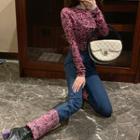 Rose Printed Crewneck Long-sleeve Top/rose Printed High-waist Jeans