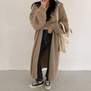 Lantern Sleeve Open Front Ribbed Knit Long Cardigan