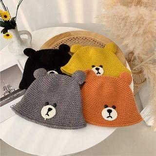 Embroidered Bear Knit Bucket Hat