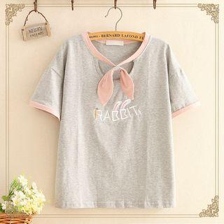 Rabbit Embroidered Short-sleeve Top With Tie