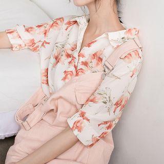 Elbow-sleeve Flower Print Chiffon Shirt