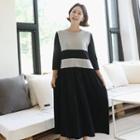 Ruffled Color-block Long Dress Black - One Size