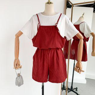 Set Of 2 : Short-sleeve Top + Suspender Top + Plain Shorts