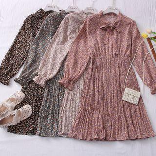 Ribbon-neckline Pleated Floral Midi Dress In 8 Colors