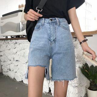 High Waist Distressed Straight Leg Denim Shorts