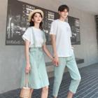 Couple Matching Lettering Short-sleeve T-shirt / Zip Detail Suspender Dress / Cropped Pants