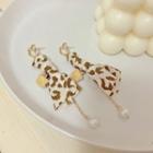 Bear Fabric Glaze Dangle Earring 1 Pair - S925 Silver Needle Earring - Gold Heart - Leopard - Light Brown & White - One Size