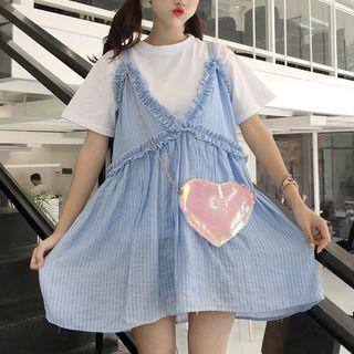 Set: Crew-neck Short-sleeve T-shirt + V-neck Striped Spaghetti Strap Dress