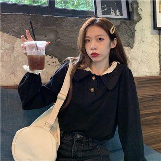 Lapel Lace Trim Plain Long-sleeve Top Black - One Size