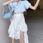 Puff-sleeve Cropped Blouse / Irregular Ruffle Trim Midi A-line Skirt
