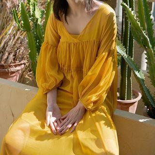 Balloon-sleeve Maxi A-line Dress With Scarf - Curcumin - One Size