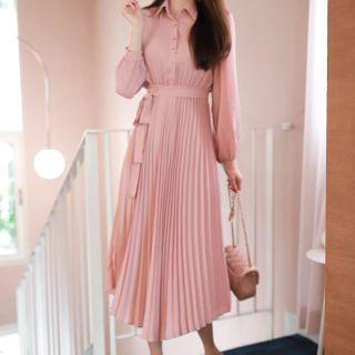 Bishop-sleeve Pleated Maxi Dress