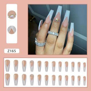 Glitter Faux Nail Tips Z165 - Silver & Nude - One Size