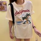 Elbow-sleeve Graphic Print T-shirt Light Yellow - One Size