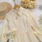 Long-sleeve Collared Lace Trim Embroidered Midi A-line Dress
