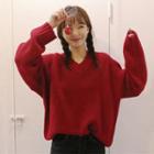 V-neck Plain Loose-fit Sweater