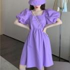Set: Puff-sleeve A-line Dress + Hat