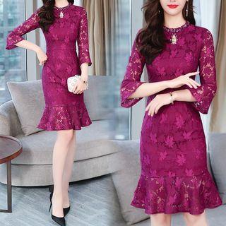 Bell-sleeve Mini Lace Mermaid Dress