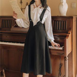 Set: Tie Neck Blouse + Suspender Midi A-line Skirt