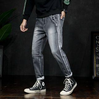 Lettering Trim Washed Slim Fit Jeans