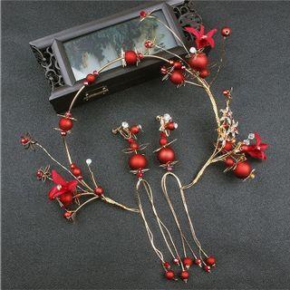 Chinese Traditional Wedding Headpiece Gold Branch & Bead & Flower - Red - One Size
