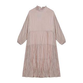 Long-sleeve A-line Crinkle Dress Almond - One Size