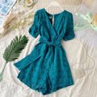Short-sleeve Sashed Wide-leg Lace Playsuit Green - One Size