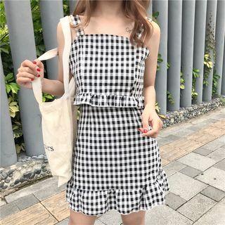 Set: Checked Camisole Top + Checked Ruffle Hem A-line Skirt