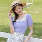 Lace Panel Short-sleeve Knit Cropped Top