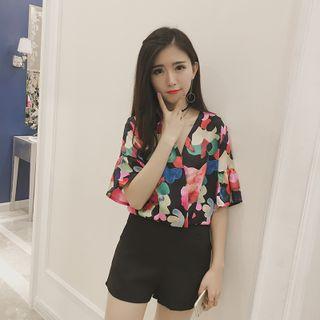 Floral Print Elbow Sleeve Chiffon Top