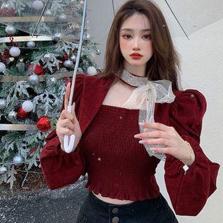 Puff-sleeve Smocked Cropped Velvet Blouse
