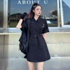Elbow-sleeve Buckled Mini A-line Shirtdress Black - One Size
