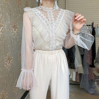 Lace Panel Long-sleeve Mesh Top