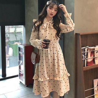 Polka Dot Long-sleeve Ruffle A-line Dress
