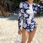 Long-sleeve Floral Print Zip-up Swimsuit