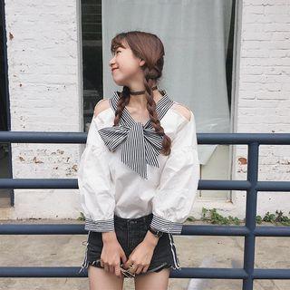 Cutout Shoulder Tie-neck Blouse