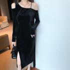 Long-sleeve Cold-shoulder Velvet Midi Dress