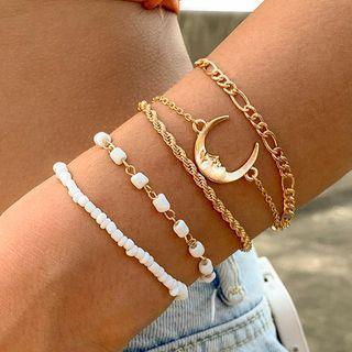 Set Of 5: Alloy / Faux Pearl Bracelet (various Designs) Set Of 5 - Alloy & Faux Pearl Bracelet - Gold & White - One Size