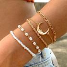 Set Of 5: Alloy / Faux Pearl Bracelet (various Designs) Set Of 5 - Alloy & Faux Pearl Bracelet - Gold & White - One Size