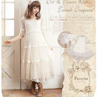 Set: Lace Trim Mesh Short Sleeve Dress + Plain Slipdress