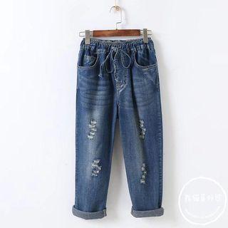 Flower Embroidered Drawstring Cropped Jeans