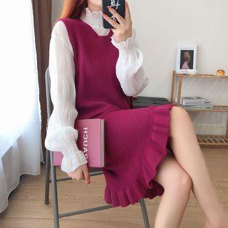 Set: Ruffle-collar Blouse + Knit Midi Pinafore Dress